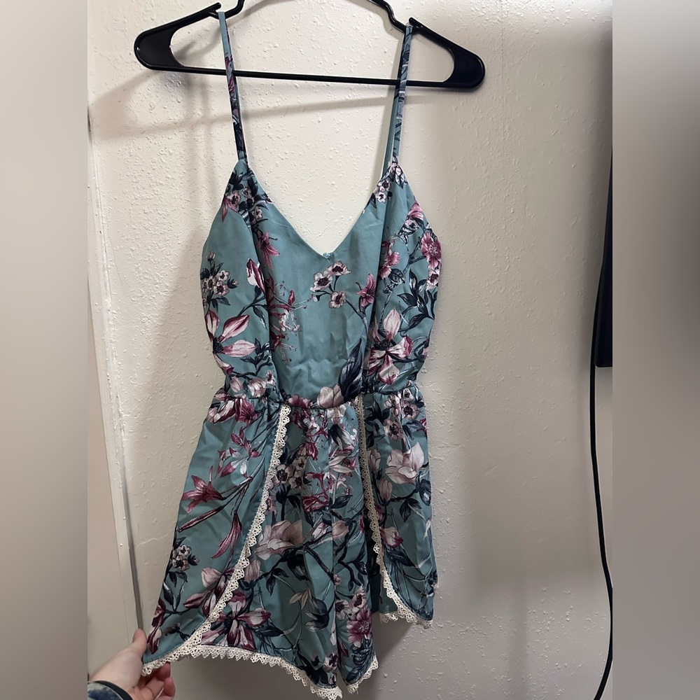 Trac Teal Floral Romper with Spaghetti Straps
